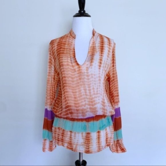 Monique Leshman Tie Dyed Orange Purple Aqua Boho Drawstring Tunic Medium - Picture 2 of 10
